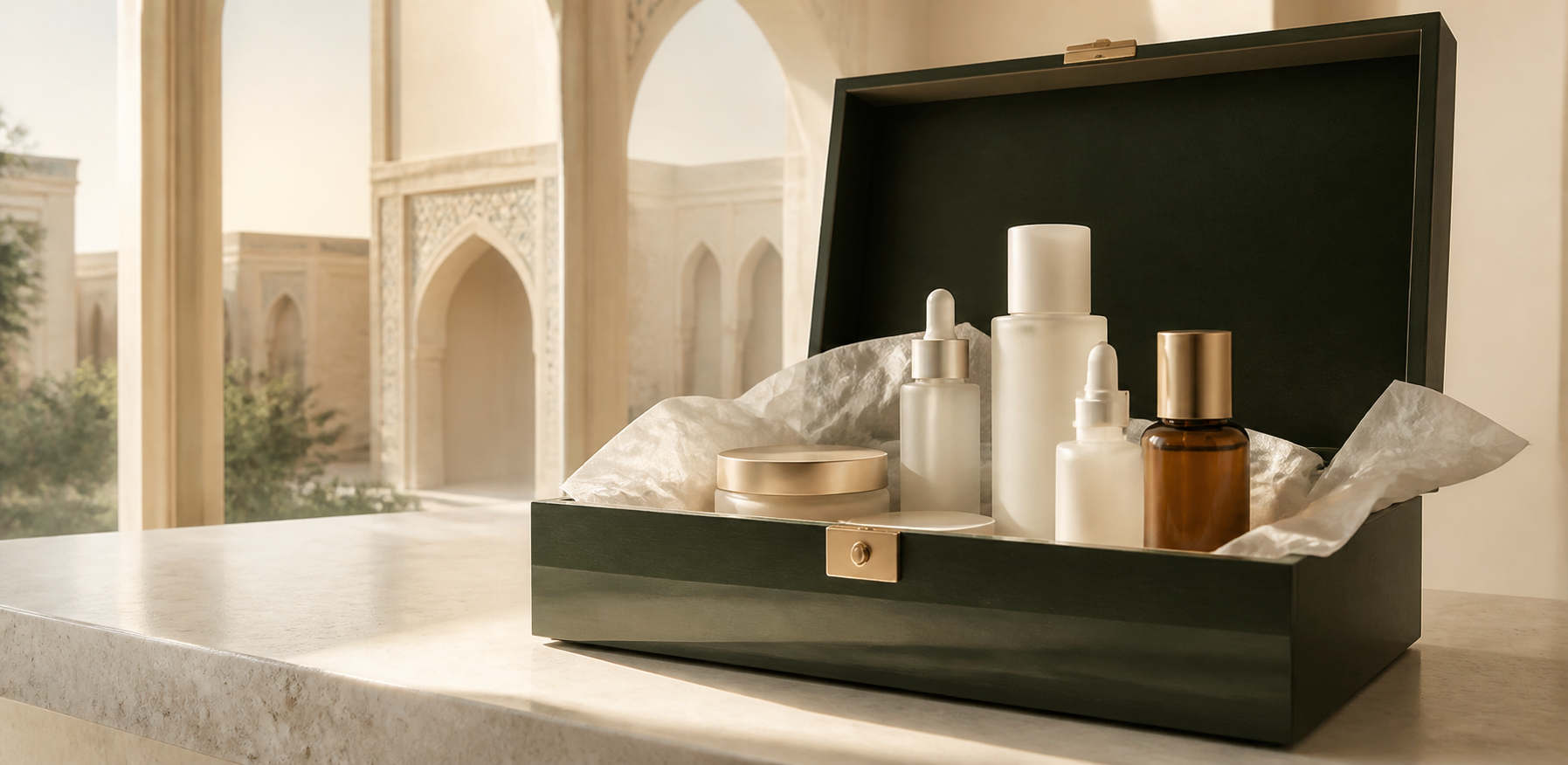 A curated collection of beauty products arriving in an elegant presentation case